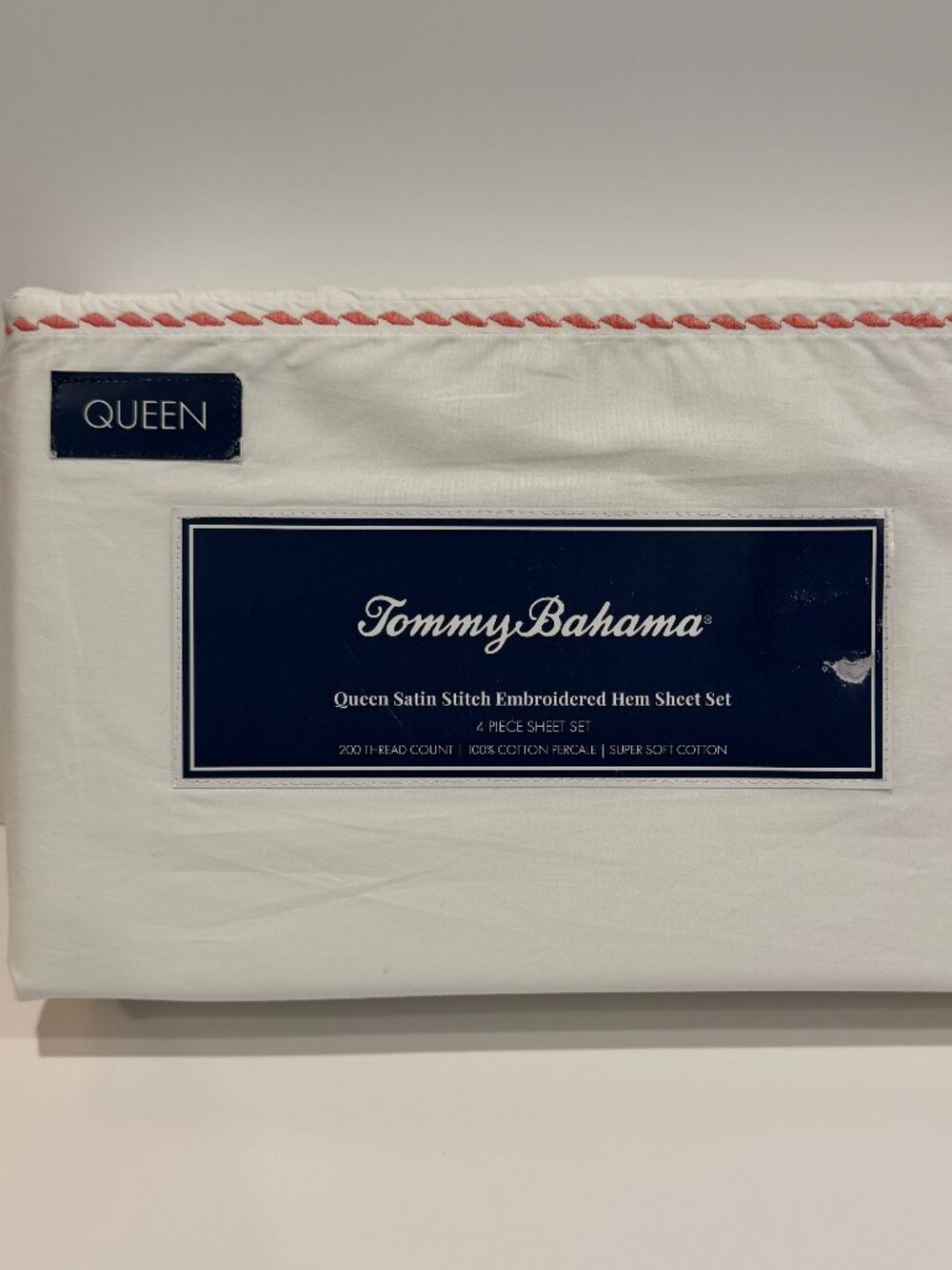 Tommy Bahama White QUEEN Sheet Set Catalina Pink Satin Stitch Embroidered NWT